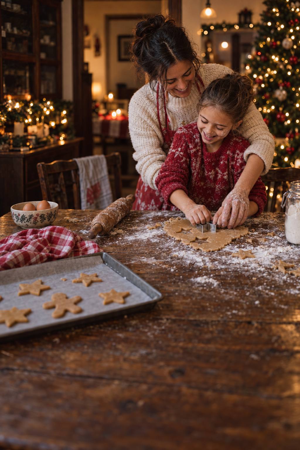 Eine Mutter und ihre Tochter backen gemeinsam Weihnachtsplätzchen